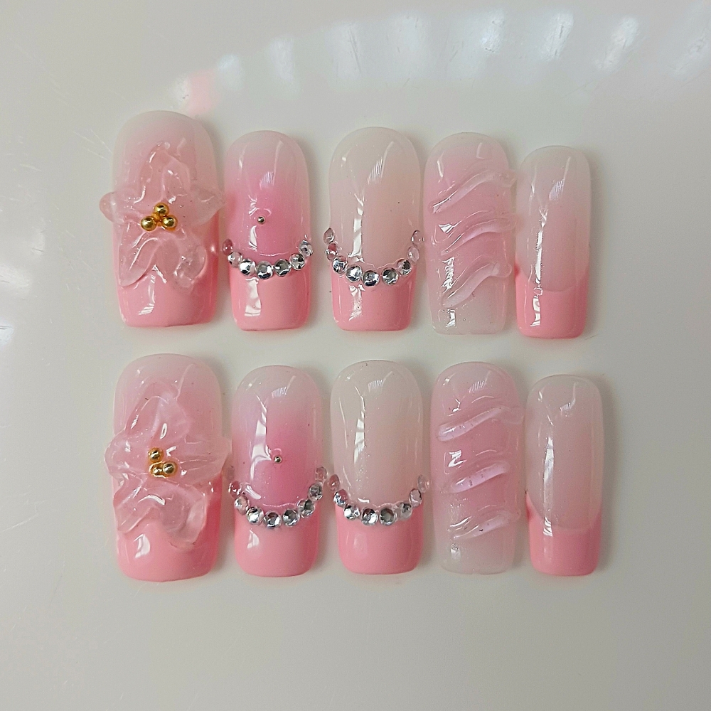 Elegant Pink Press-On Nails With Rhinestones 3d Flowers Diy Reusable 10pcs